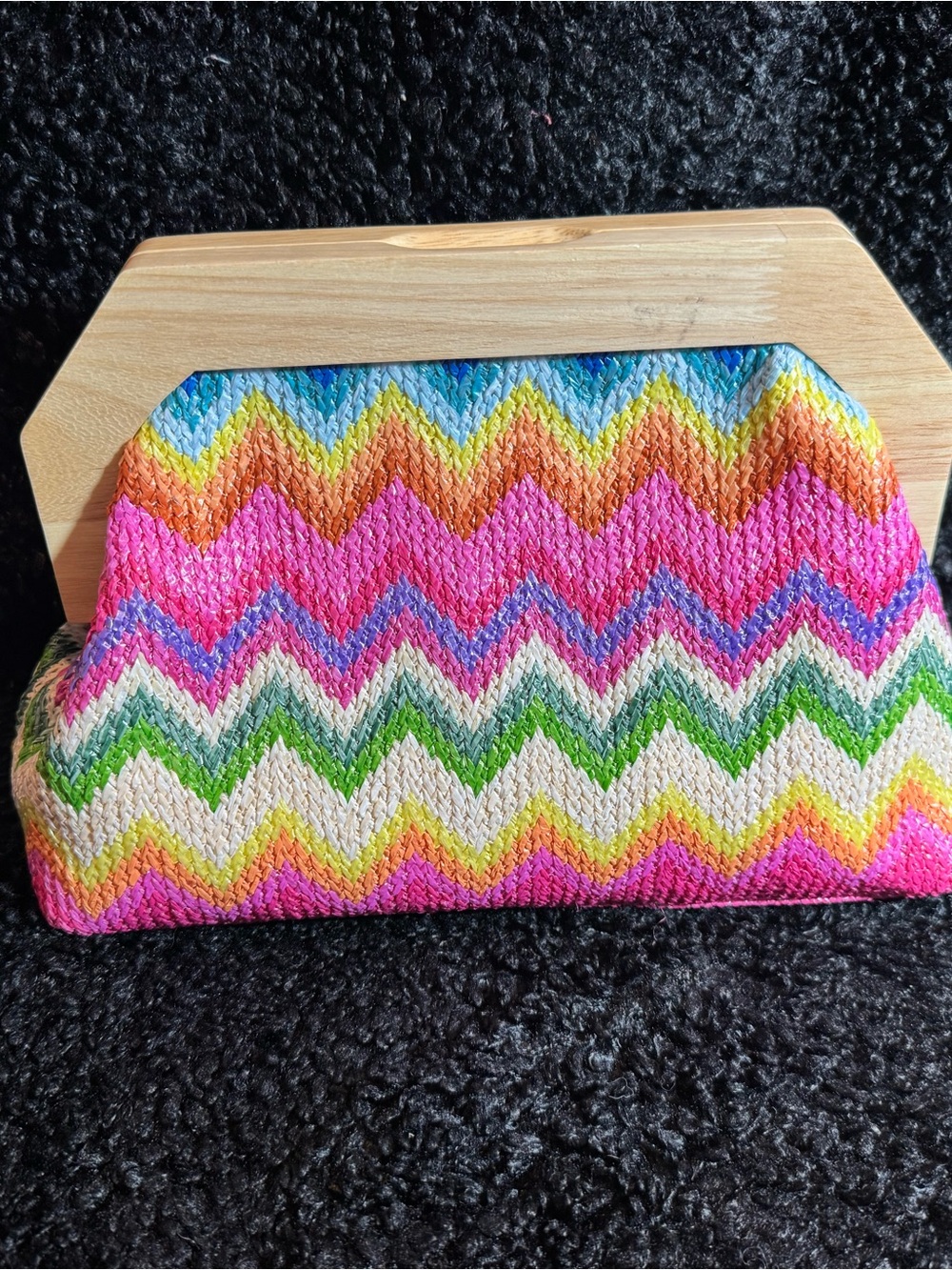 Shiraleah Pink Multi Chevron Knit Clutch with Wooden Frame